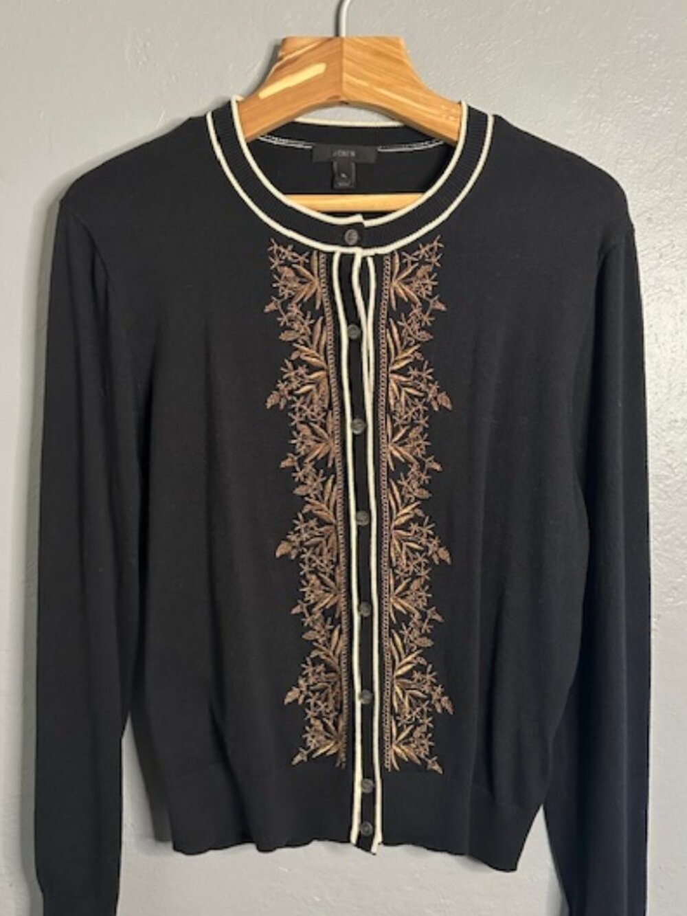 J.Crew Embroidered Cotton Jackie Cardigan Black Gold Embroidered XL